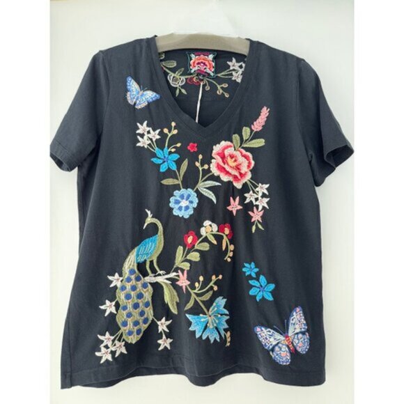 Johnny Was Nicolette V Short Ethereal Blue Tee Shirt Floral Embroidery Top NEW - Picture 6 of 8